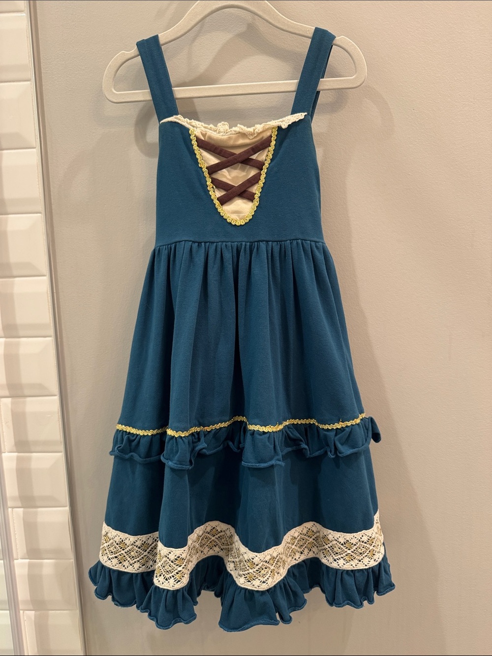 Only Little Once Princess Merida Teal Ruffled Lace-Trim Princess Dress for Girls